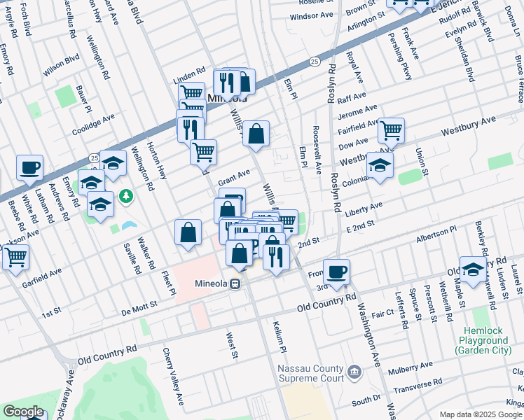 map of restaurants, bars, coffee shops, grocery stores, and more near 162 Cleveland Avenue in Mineola