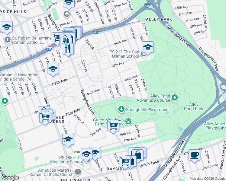 map of restaurants, bars, coffee shops, grocery stores, and more near 224-15 69th Avenue in Queens