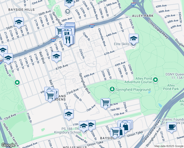 map of restaurants, bars, coffee shops, grocery stores, and more near 223-7 69th Avenue in Queens