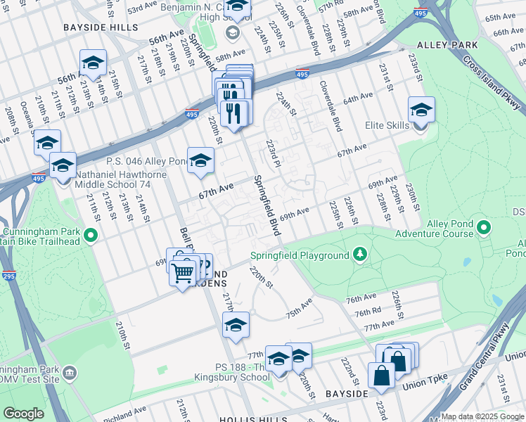 map of restaurants, bars, coffee shops, grocery stores, and more near 6750 Springfield Boulevard in Queens