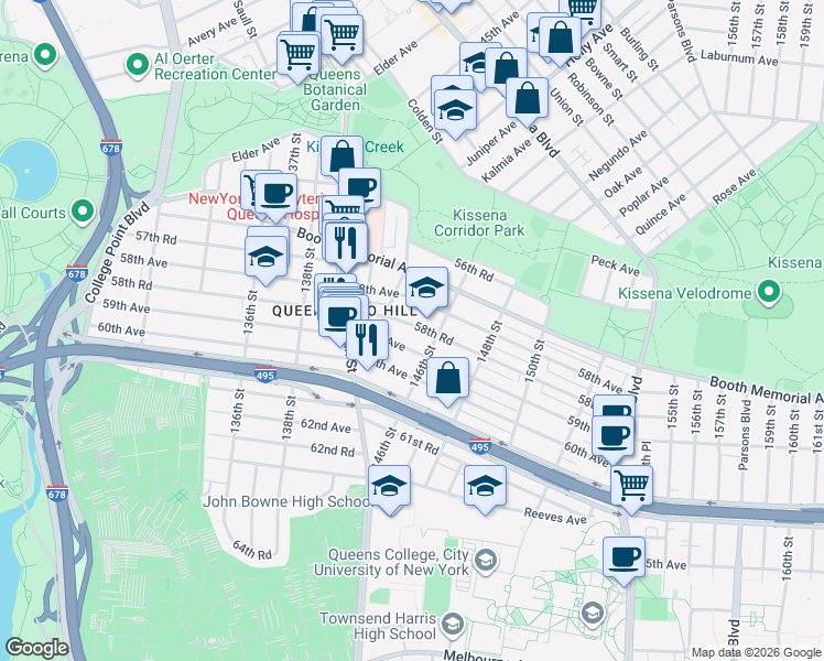 map of restaurants, bars, coffee shops, grocery stores, and more near 58-02 146th Street in Queens