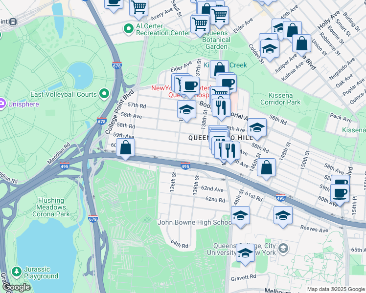map of restaurants, bars, coffee shops, grocery stores, and more near 136-26 58th Road in Queens