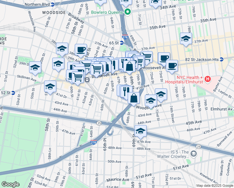 map of restaurants, bars, coffee shops, grocery stores, and more near 67-2 41st Avenue in Queens