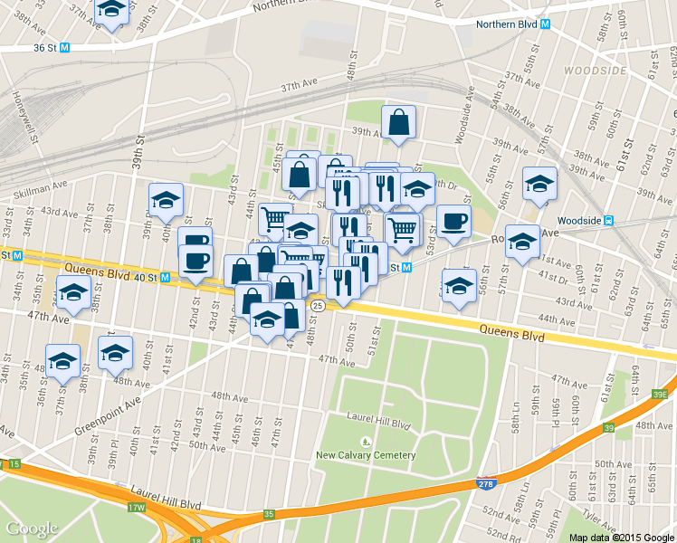 map of restaurants, bars, coffee shops, grocery stores, and more near 49-02 43rd Avenue in Queens