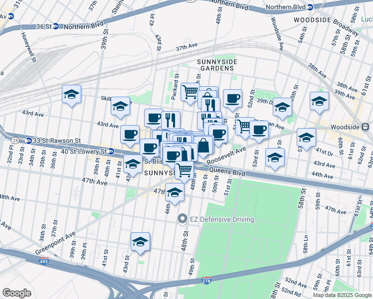 map of restaurants, bars, coffee shops, grocery stores, and more near 47-12 43rd Avenue in Queens
