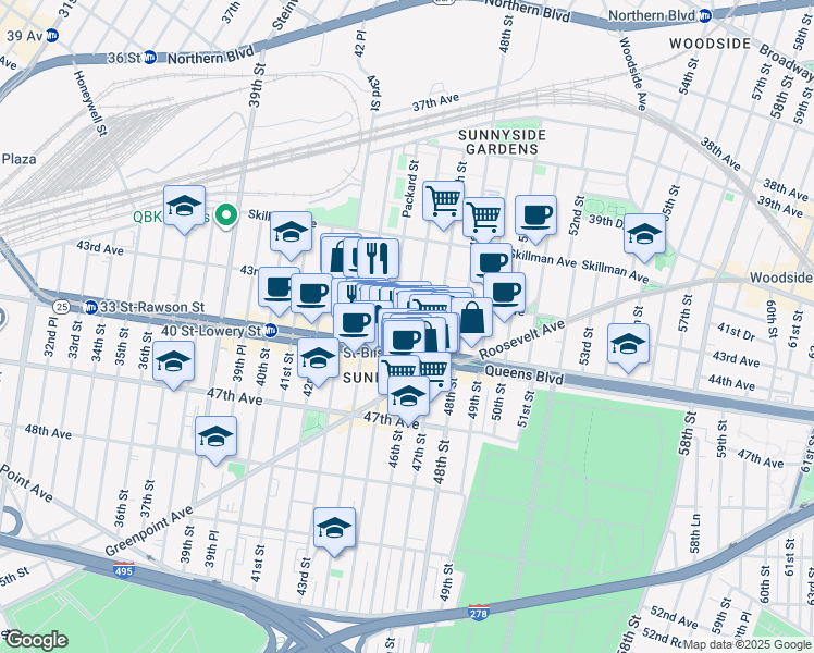 map of restaurants, bars, coffee shops, grocery stores, and more near 46-16 43rd Avenue in Queens