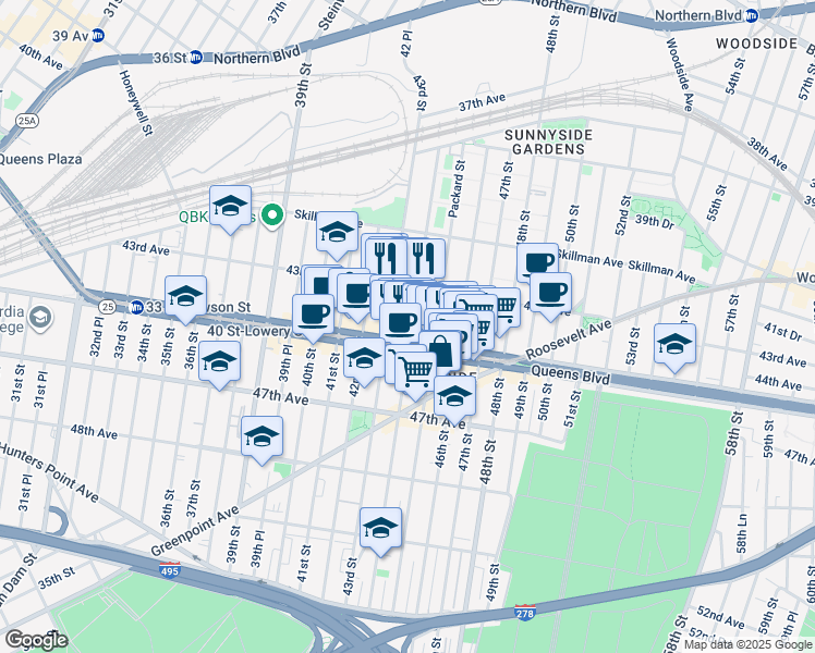 map of restaurants, bars, coffee shops, grocery stores, and more near in Queens