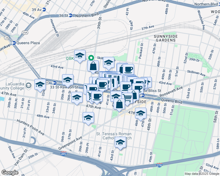 map of restaurants, bars, coffee shops, grocery stores, and more near in Queens