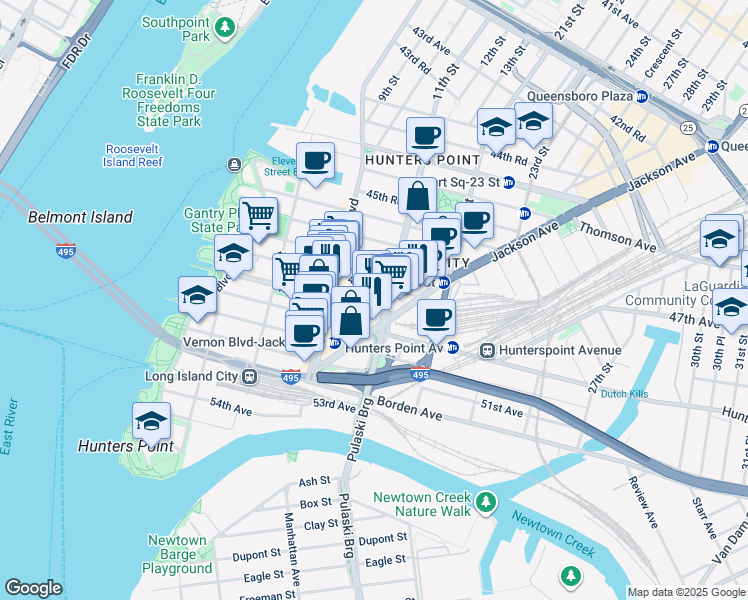 map of restaurants, bars, coffee shops, grocery stores, and more near 10-49 47th Road in Queens