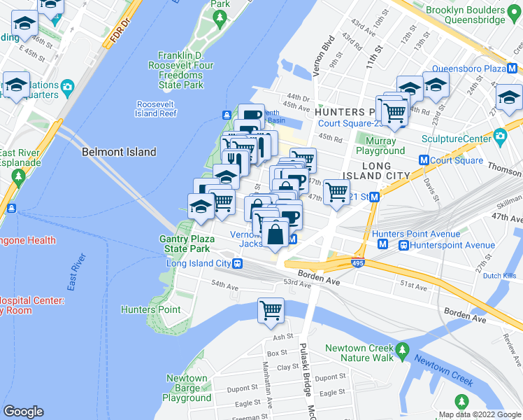 map of restaurants, bars, coffee shops, grocery stores, and more near 48-21 5th Street in Queens