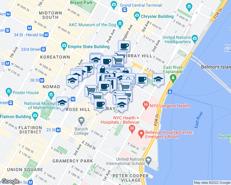 map of restaurants, bars, coffee shops, grocery stores, and more near in New York