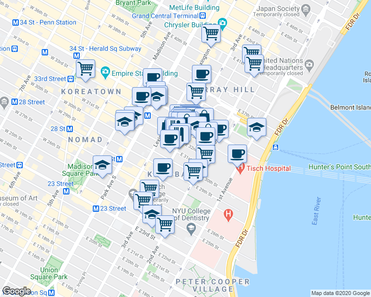 map of restaurants, bars, coffee shops, grocery stores, and more near in New York