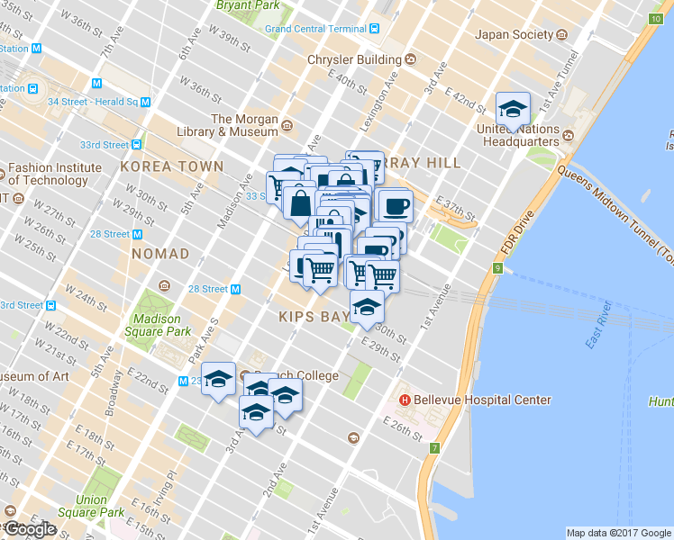 map of restaurants, bars, coffee shops, grocery stores, and more near in New York