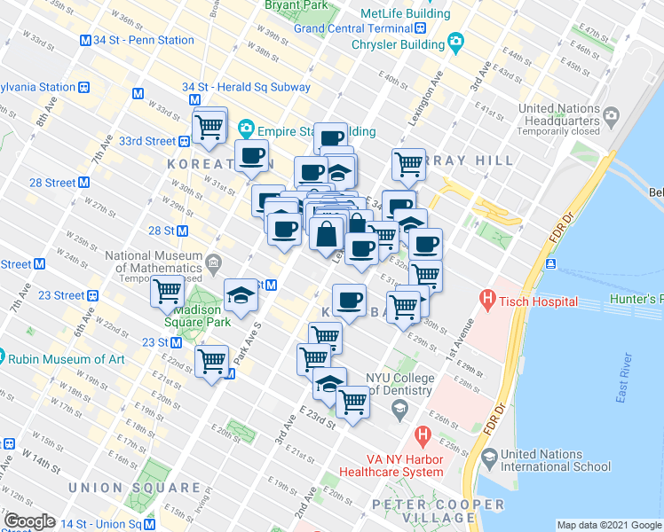 map of restaurants, bars, coffee shops, grocery stores, and more near 128 East 31st Street in New York