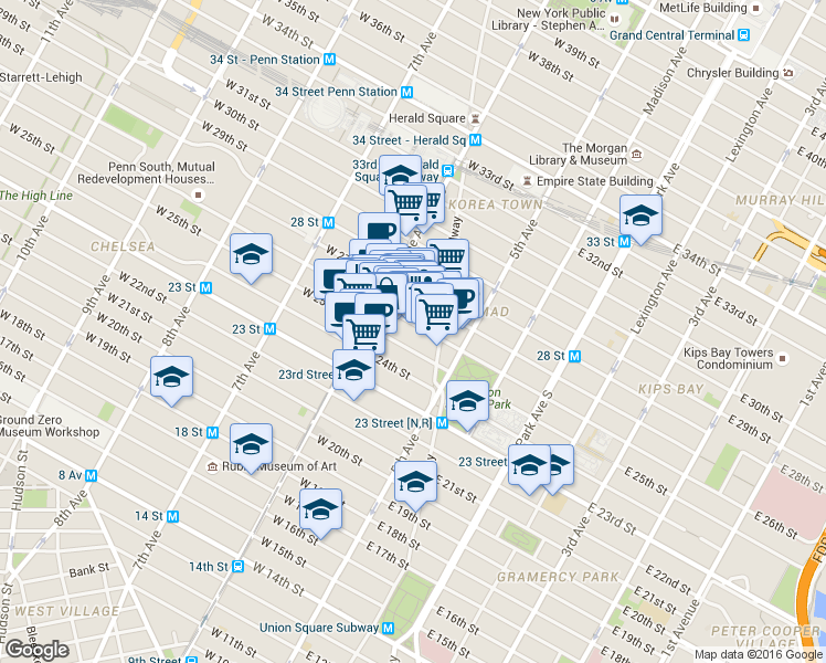 map of restaurants, bars, coffee shops, grocery stores, and more near 37w West 26th Street in New York