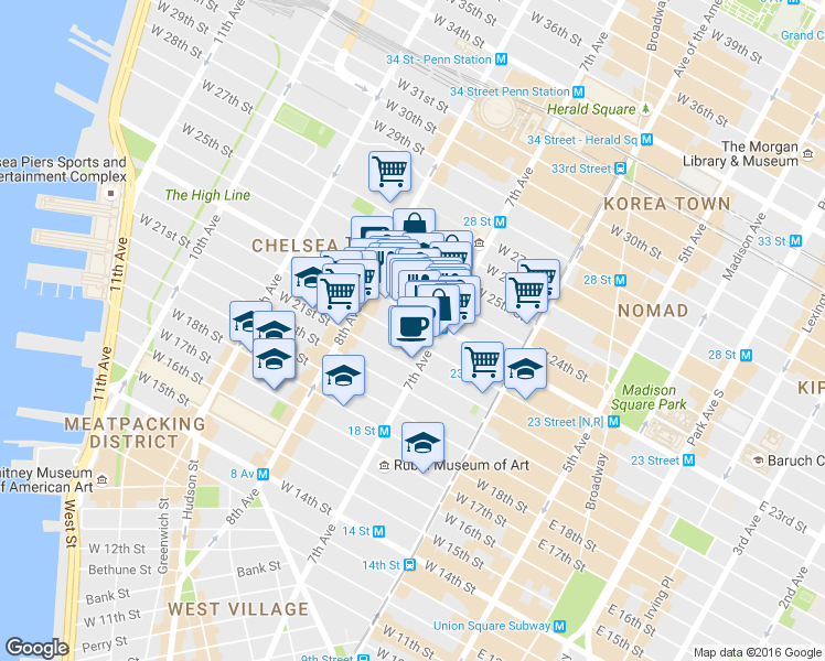 map of restaurants, bars, coffee shops, grocery stores, and more near 213 West 23rd Street in New York