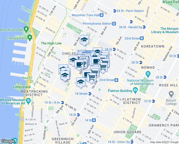 map of restaurants, bars, coffee shops, grocery stores, and more near 240 West 22nd Street in New York