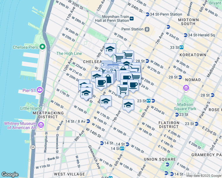 map of restaurants, bars, coffee shops, grocery stores, and more near 240 West 22nd Street in New York