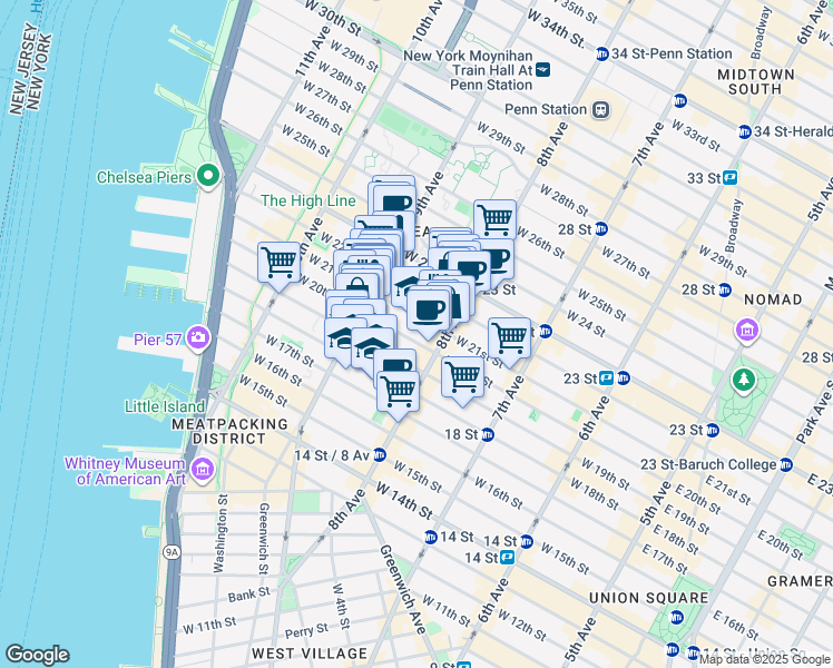 map of restaurants, bars, coffee shops, grocery stores, and more near 326 West 21st Street in New York