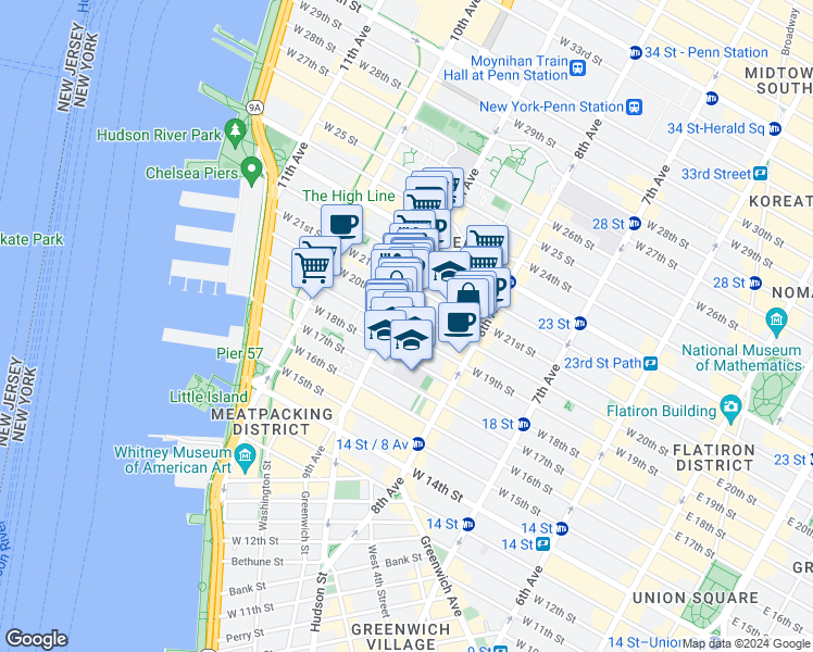 map of restaurants, bars, coffee shops, grocery stores, and more near 162 9th Avenue in New York