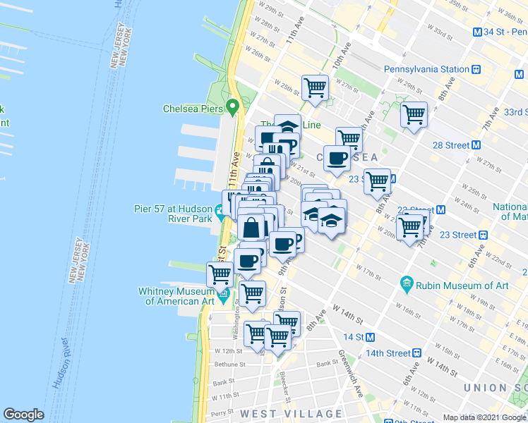 map of restaurants, bars, coffee shops, grocery stores, and more near 501 West 17th Street in New York