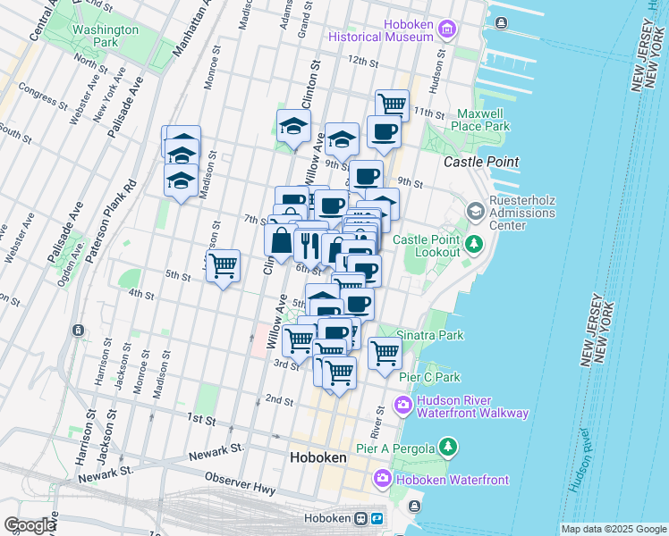 map of restaurants, bars, coffee shops, grocery stores, and more near 622 Garden Street in Hoboken