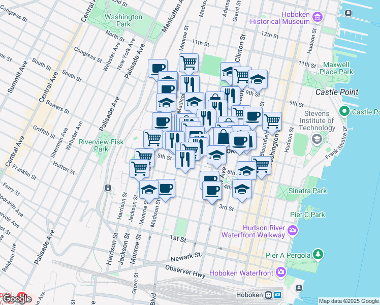 map of restaurants, bars, coffee shops, grocery stores, and more near 533 Adams Street in Hoboken