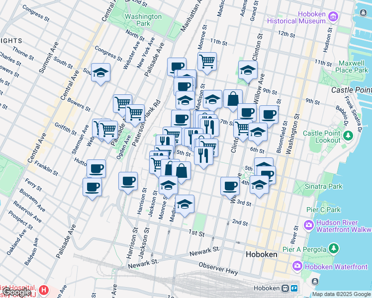 map of restaurants, bars, coffee shops, grocery stores, and more near 518 Monroe Street in Hoboken