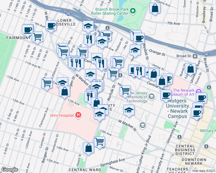 map of restaurants, bars, coffee shops, grocery stores, and more near in Newark