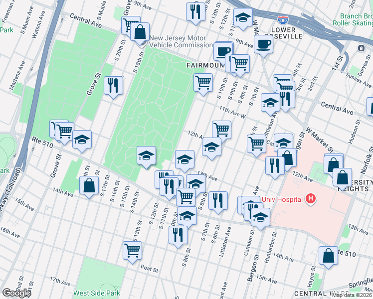 map of restaurants, bars, coffee shops, grocery stores, and more near 284 South 12th Street in Newark