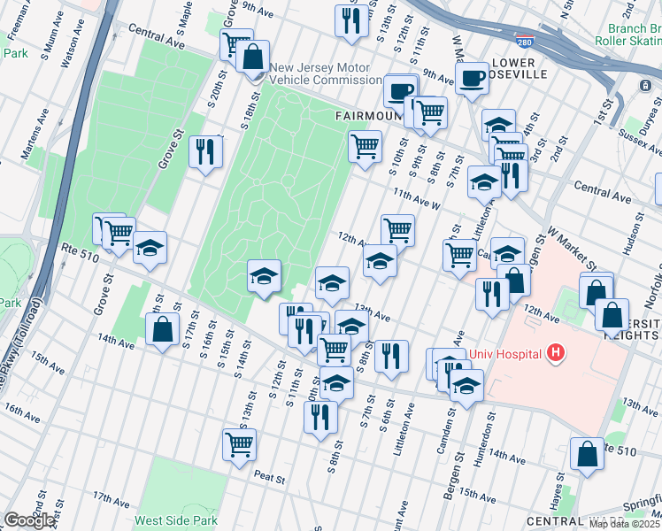 map of restaurants, bars, coffee shops, grocery stores, and more near 284 South 12th Street in Newark