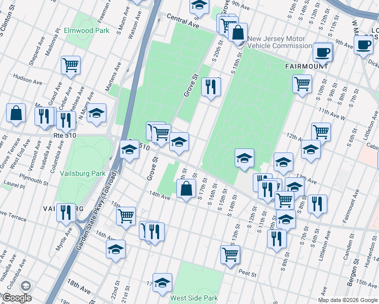 map of restaurants, bars, coffee shops, grocery stores, and more near 365 South 19th Street in Newark