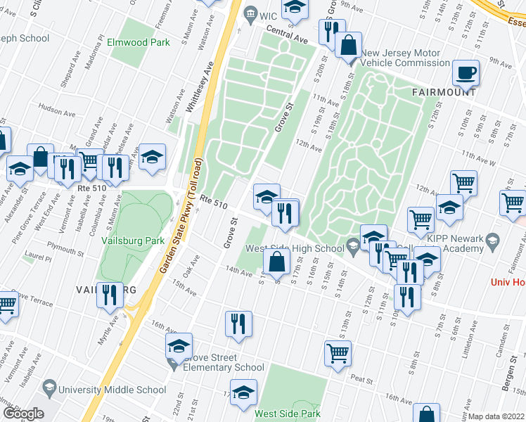 map of restaurants, bars, coffee shops, grocery stores, and more near 8-14 Ferdinand Street in Newark