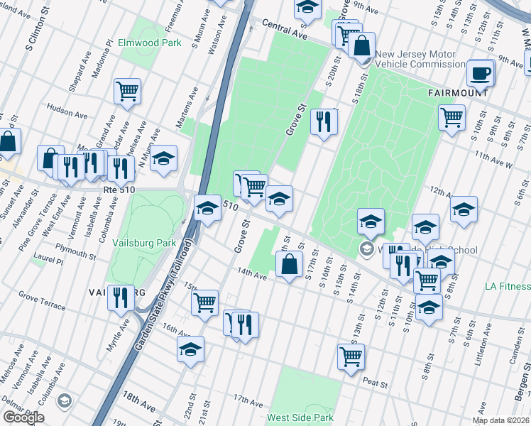 map of restaurants, bars, coffee shops, grocery stores, and more near 8-14 Ferdinand Street in Newark