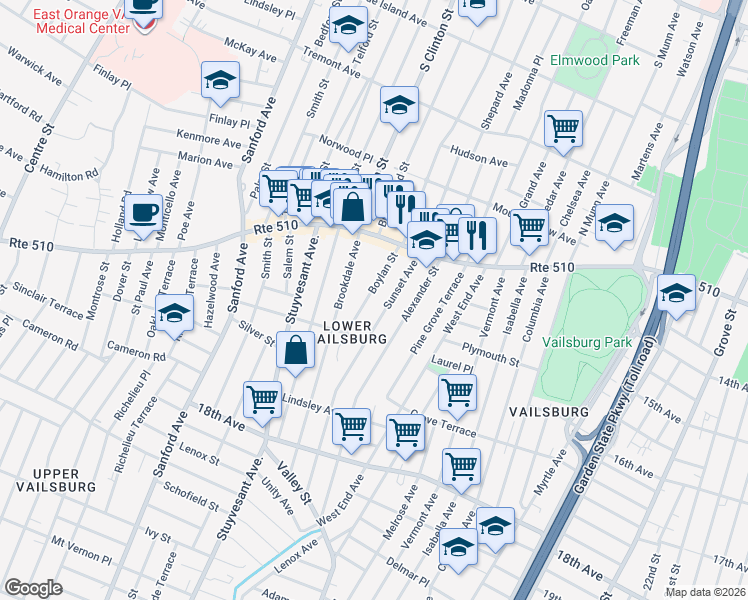 map of restaurants, bars, coffee shops, grocery stores, and more near 44 Boylan Street in Newark
