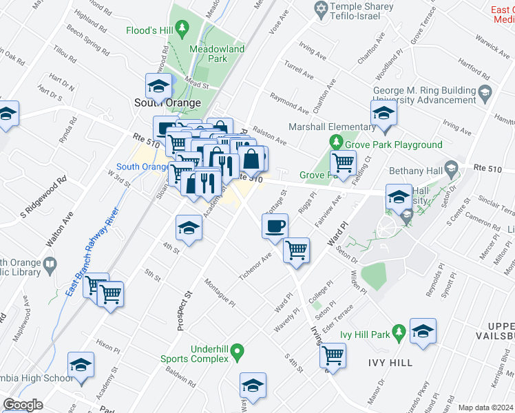 map of restaurants, bars, coffee shops, grocery stores, and more near 121 Irvington Avenue in South Orange