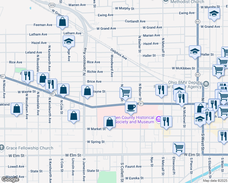 map of restaurants, bars, coffee shops, grocery stores, and more near 928 West Wayne Street in Lima