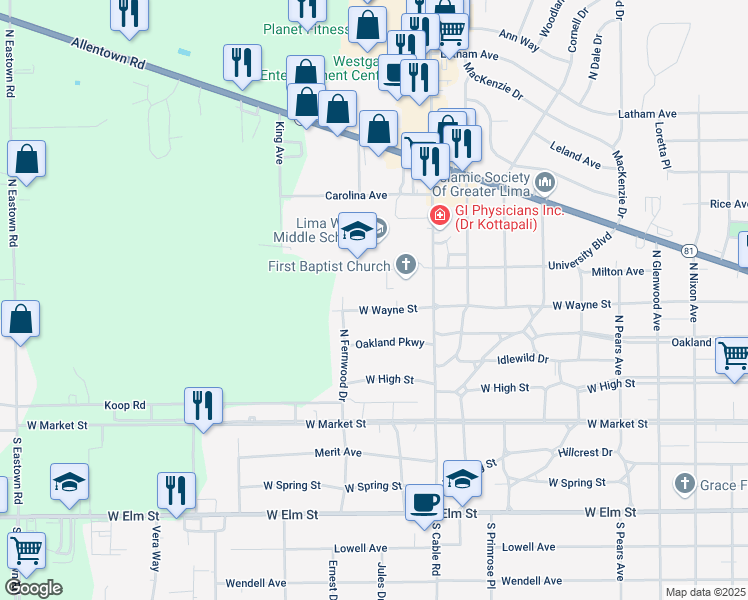 map of restaurants, bars, coffee shops, grocery stores, and more near 2280 W Wayne St in Lima