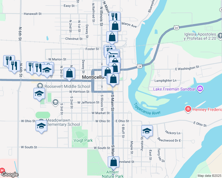 map of restaurants, bars, coffee shops, grocery stores, and more near 138 South Main Street in Monticello