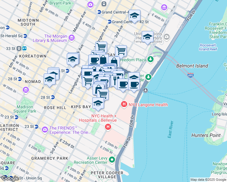 map of restaurants, bars, coffee shops, grocery stores, and more near 303 East 33rd Street in New York