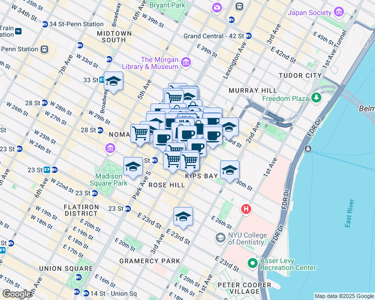 map of restaurants, bars, coffee shops, grocery stores, and more near 114 East 32nd Street in New York