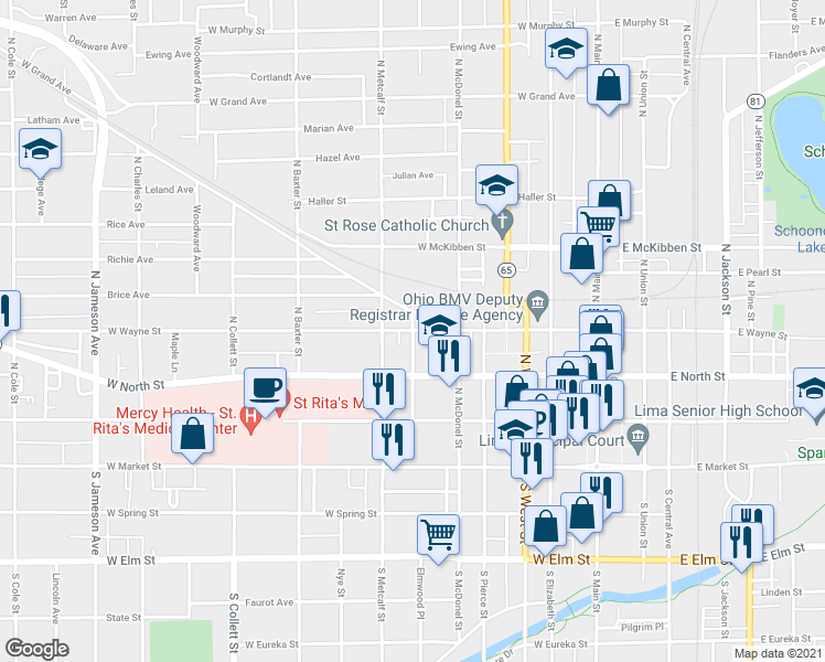 map of restaurants, bars, coffee shops, grocery stores, and more near 399 North Washington Street in Lima