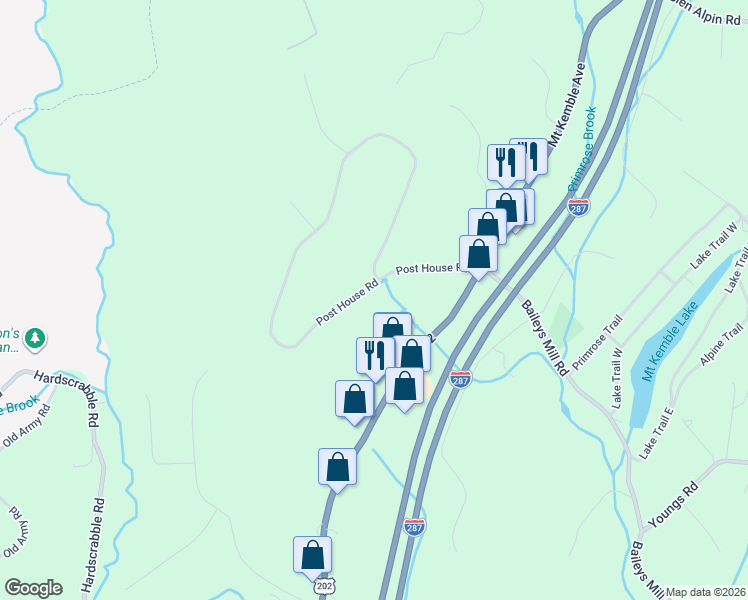 map of restaurants, bars, coffee shops, grocery stores, and more near 7 Post House Road in Morristown