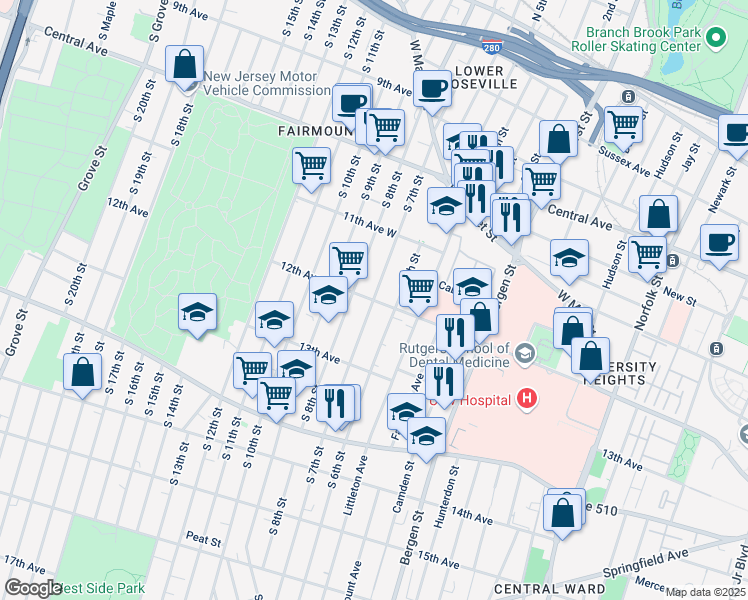map of restaurants, bars, coffee shops, grocery stores, and more near South 7th Street & 12th Avenue in Newark