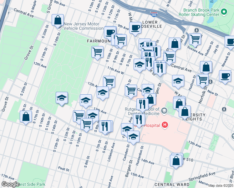 map of restaurants, bars, coffee shops, grocery stores, and more near 12th Avenue in Newark