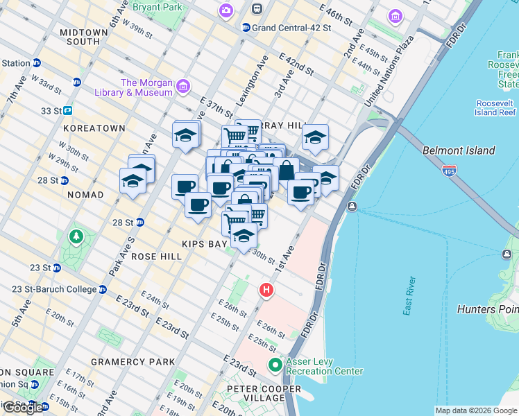 map of restaurants, bars, coffee shops, grocery stores, and more near 264 East 33rd Street in New York