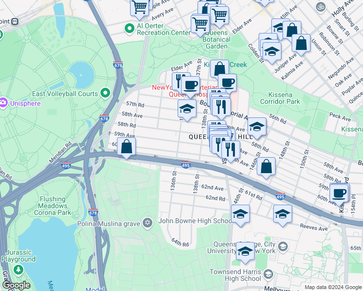 map of restaurants, bars, coffee shops, grocery stores, and more near 137-10 59th Avenue in Queens