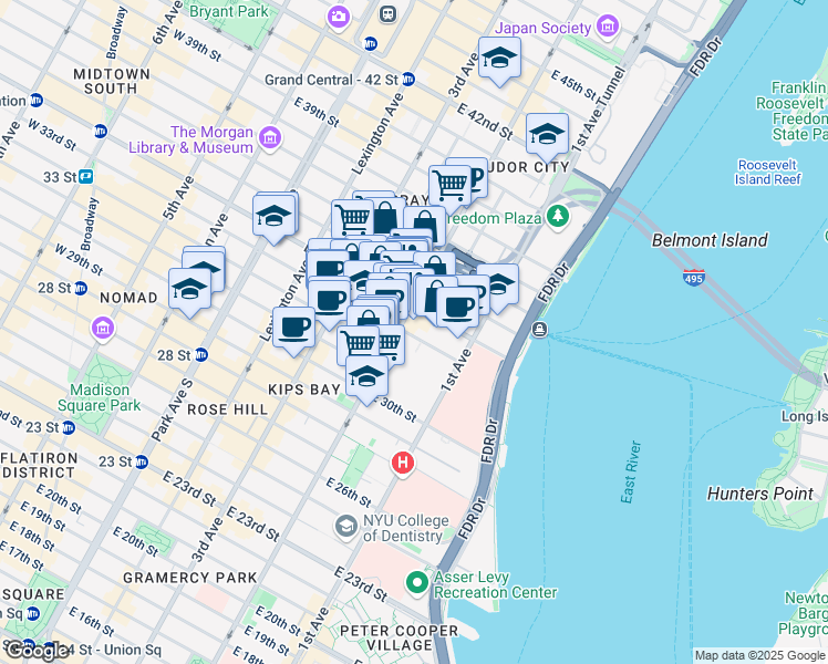 map of restaurants, bars, coffee shops, grocery stores, and more near 303 East 33rd Street in New York