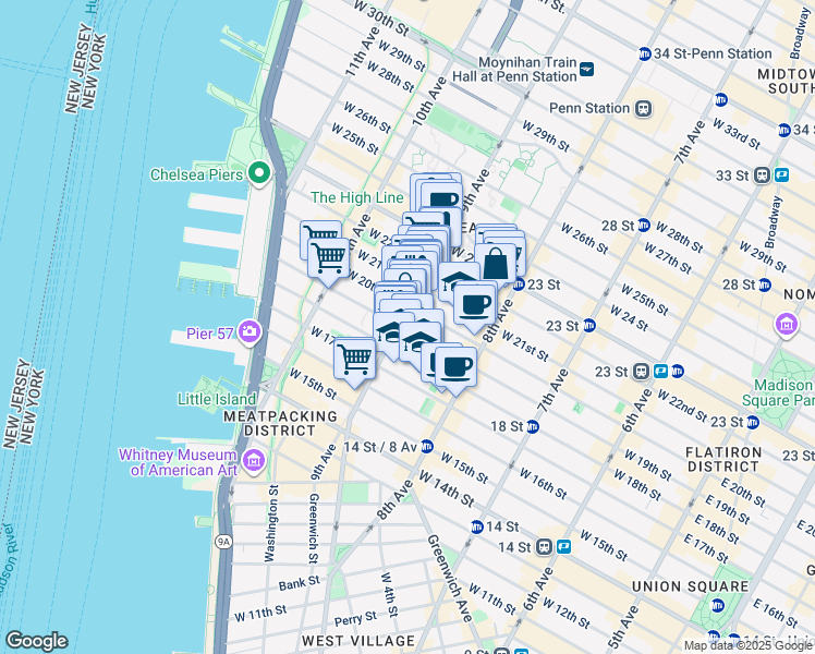 map of restaurants, bars, coffee shops, grocery stores, and more near 162 9th Avenue in New York
