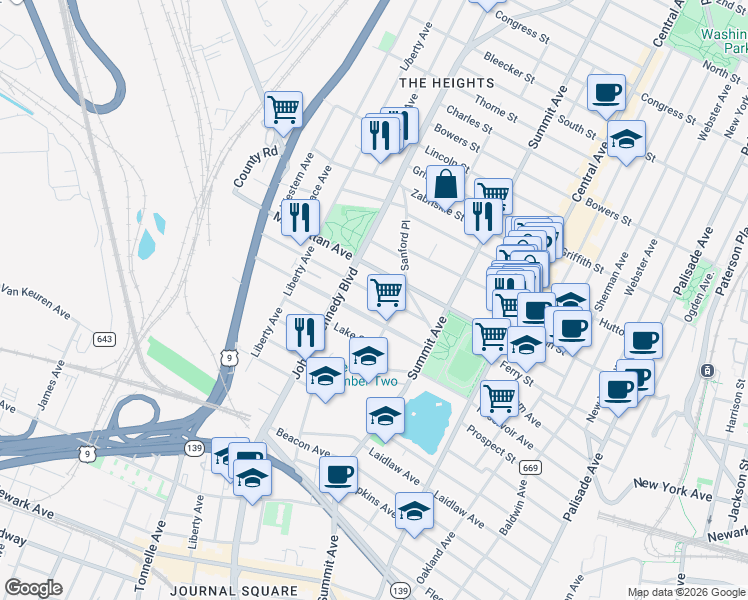 map of restaurants, bars, coffee shops, grocery stores, and more near 171 Manhattan Avenue in Jersey City